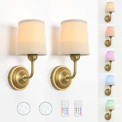 HEQIQEH Vintage Gooseneck Battery Operated Wall Sconce Light Fixture Set of 2 with Remote Control, Flared Funnel Linen Fabric Shade Dimmable Nightstand Lamps for Bedside Bedroom Living Room Lounge