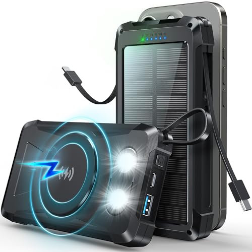 Power Bank Solare con Magsafe 20000mAh, 10W Ricarica Wireless con 4 Cavi, PD 22.5W USB A Powerbank Ricarica Rapida, Spie luminose a LED, Torcia, Caricatore Portatile con Smartphones
