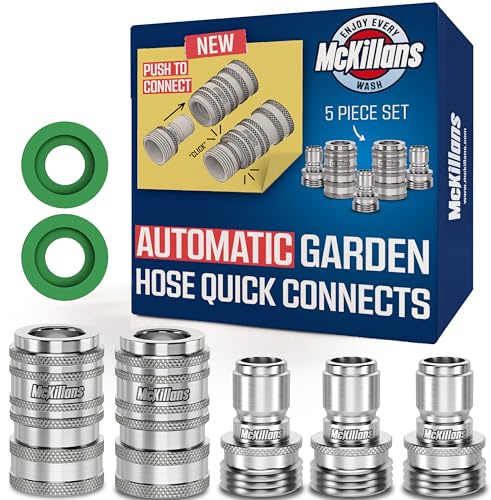 McKillans® 2025 Automatic Garden Hose Quick Connect [Universal FIT] - Stainless Steel Quick Connect Hose Fittings - Water Hose Connectors - Quick Disconnect Adapter - Instant Connection - 5 Pc Kit