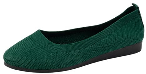 Breathable Knitted Wide Width Ballet Shoes for Women - Stretchy Elastic Round Toe Flats, Non-Slip Sole Formal/Casual Pumps with Cushioning Office Party Comfort Shoes Dark Green