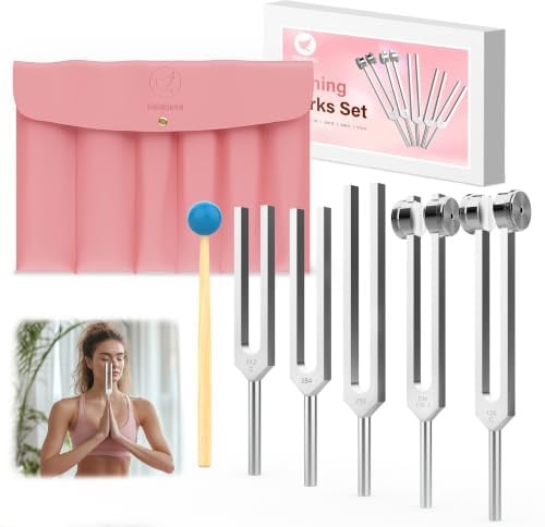 DiDiBirDi Tuning Forks for Healing,5pcs-128HZ, 136.1HZ, 256HZ, 384HZ, 512HZ | Equipped with PU Leather Bag and Rubber Hammer, Suitable for Yoga, Meditation, Relaxation