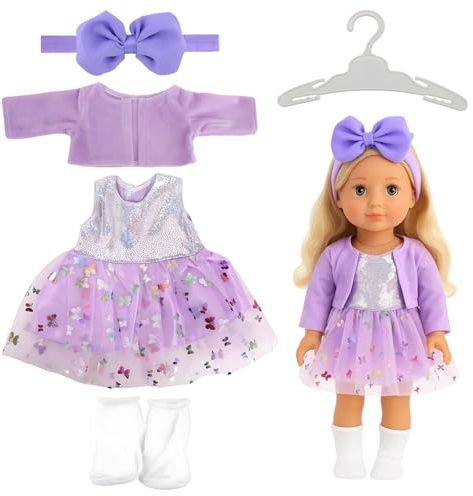5 Teilig Lila Puppenkleidung für 38-45cm Puppe, Puppezubehör Mantel Puppen Kleider Socken Schmetterling Stirnband für Puppe, Puppensachen Set Geschenk