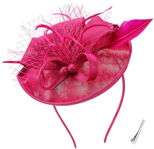 ETOFETE Fascinators Ascot Hat for Women Wedding, Retro Feather Mesh Net Veil Hair Accessories for Ladies Headwear with Headband Clip Rose Red