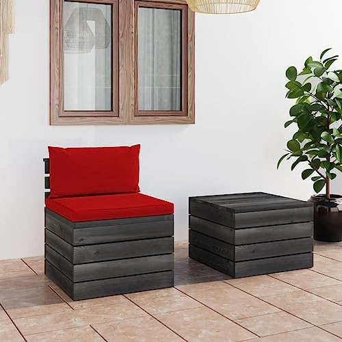 Qnhdfrt Paletten Lounge Set mit Kissen aus Kiefernholz 2 teilig Sofa und Tisch für Garten Terrasse Balkon mit Roten Polstern