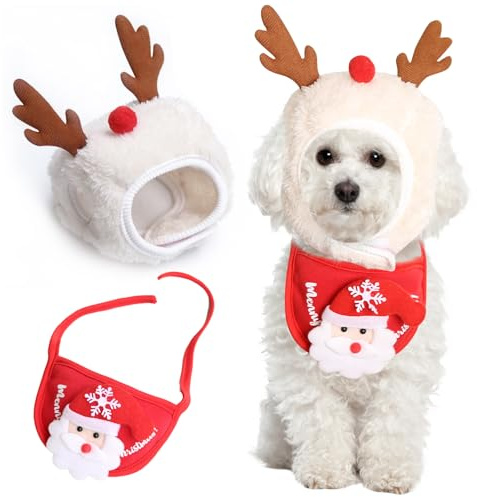 shallyong 2 Set Hunde Weihnachtskostüm Haustier, Rentier Weihnachtsbaum Outfit für kleine Hunde Katzen, Weiche Haustier Kleidung mit Weihnachtsmütze Halstuch, Hundekostüm Weihnachten Gesch (Weiß)
