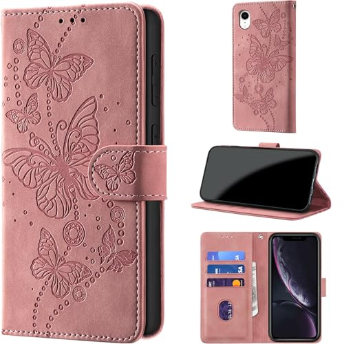 for iPhone XR Wallet Case Flip, Pink | RFID Blocking, 3 Card Holder Stand, Shockproof TPU Shell, PU Leather Magnetic Closure