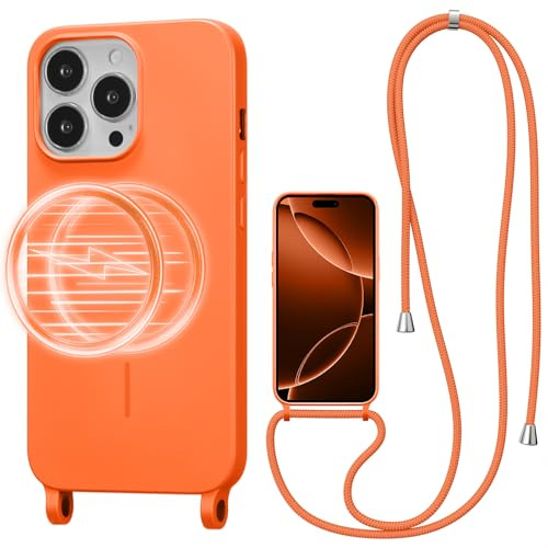 UCASONG Magnetic Case for iPhone 13 Pro with Lanyard, Orange | Compatible with MagSafe, Crossbody Liquid Silicone Case, Soft Shockproof Protective Cover, with Adjustable Neck Cord Strap