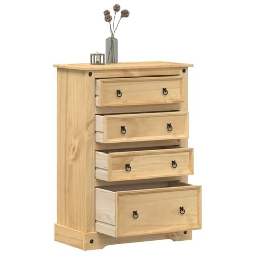 Ordellia Corona Kommode aus massivem Kiefernholz mit Honigwachs-Finish, 80 x 43 x 114 cm, 4 Schubladen, Metallgriffe, Stauraum für Wohnzimmer Schlafzimmer Flur Diele