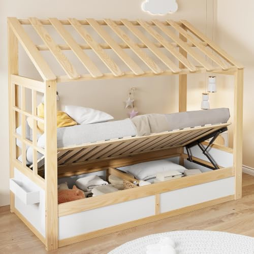 NADEUSAK Kinderbett im Landhausstil, 90 x 200 cm, Holzfarbe + Weiß, mit Dach, Fenster, hydraulischem Stauraum und seitlichen Staufächern, ohne Matratze