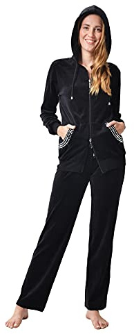 RAIKOU Damen Micro Velours Freizeitanzug Hausanzug mit Reißverschluss Nicki-Anzug Zweiteiliger Schlafanzug mit Strasssteinen (44/46, Schwarz)