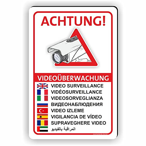 Fassbender-Druck SCHILDER - VIDEOÜBERWACHT (9 Sprachen) Schild zum Markieren eines videoüberwachten Bereiches - Aluverbundplatte für ein Videoüberwachungsschild - (75x50cm SCHILD)