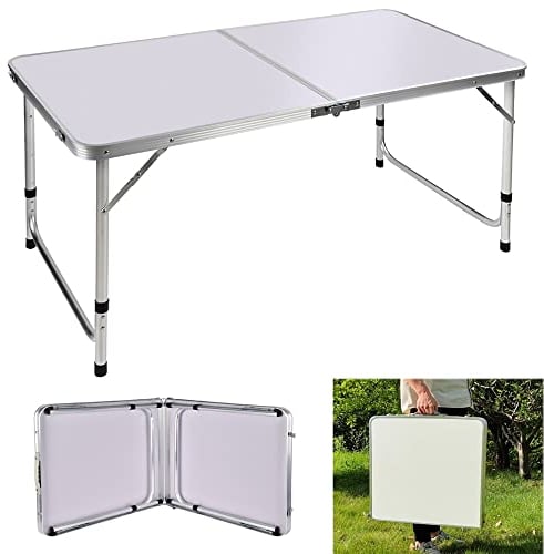 Aluminium-Klapptisch, tragbar, faltbar, Picknicktisch, Campingtisch, 3-fach höhenverstellbar, leicht, rechteckig, für Garten, Outdoor, Picknick, Camping, Esstisch, Weiß, 120 x 60 x 70/62/55 cm