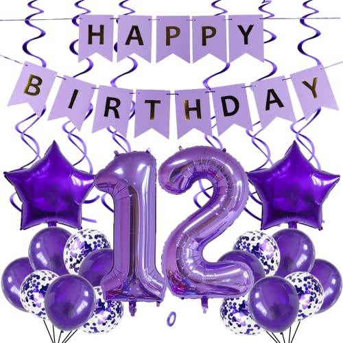 SNOWZAN Luftballons 12. Geburtstag Dekoration Lila 32 Zoll Riesen Zahlen Ballons,Latex Folienballons 25 Stück