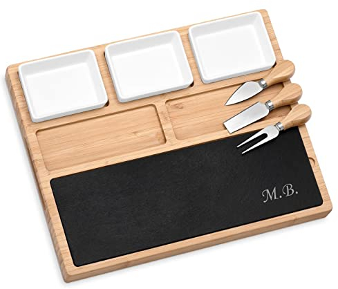 Maverton Tagliere per formaggio e salumi in ardesia - vassoio da portata in legno di bambù - set 3 posate - incisione personalizzata - rettangolare - idea compleanno per uomo - iniziali