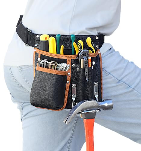 quipuda Tool Pouch, Genuine Leather Tool Belt Pouch, with Adjustable Waist Belt, Tool Bag with Hammer Holder for Carpenters, Gardeners, Frame Builders, Roofers, Craftsmen