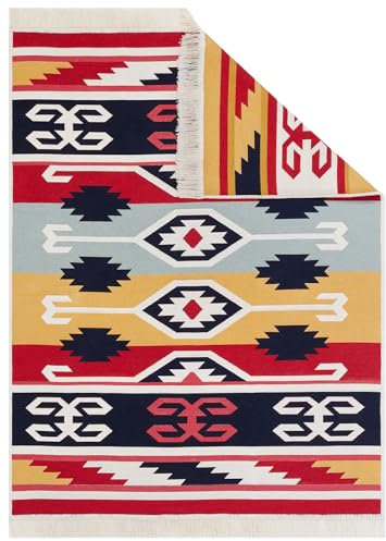 TAPISO Azteca Teppich Kurzflor mit Fransen Baumwolle Beidseitig Anwendbar Waschmaschinenfest Schwarz Rot Bunt Vintage Design Wohnzimmer Schlafzimmer ÖKOTEX 80 x 200 cm