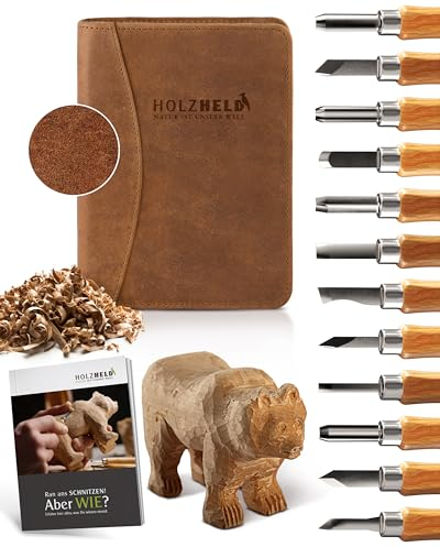 HOLZHELD Schnitzwerkzeug -Set (16-teilig) in hochwertig verarb. Ledertasche. Schnitzset mit hochwertigen Schnitzmessern zum Schnitzen inkl. Anleitung