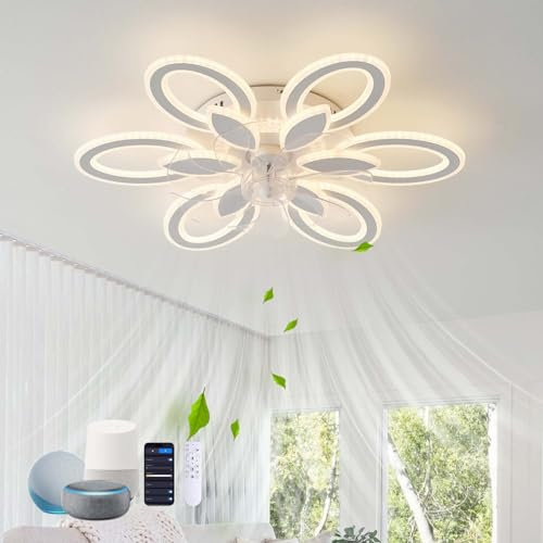 69W Ventilador Techo Con Luz Compatible Google Assistant/Alexa , Lámpara Ventilador Techo Flor Diseño Silencioso Regulable, Luz Techo Ventilador Reversible 6 Velocidades Para Dormitorio Salón, Blanco