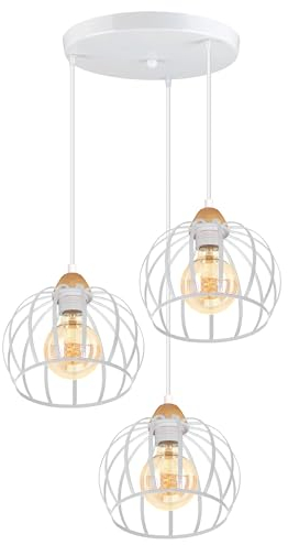 iDEGU 3-flammig Pendelleuchte Vintage Industrial Hängelampe aus Holz und Eisen Käfig Design 20cm Lampenschirm E27 Hängeleuchte für Wohnzimmer Schlafzimmer Esstisch Küche Flur (Rondell, Weiß)