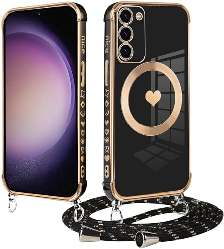 Keteen Coque Magnétique pour Samsung Galaxy S23 avec Cordon, Compatible avec MagSafe, Motif Coeur d'amour Ultra Fine Collier Réglable Etui Housse Silicone Antichoc Case pour Samsung Galaxy S23, Noir