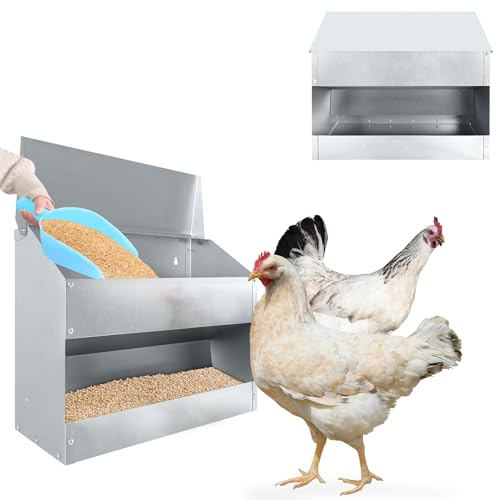 Froadp 15kg Futterautomat für Hühner mit Großem Fassungsvermögen Automat Hühnerfutter aus Verzinkter Stahl Futterspender mit Deckel Geflügelfutterautomaten Futtertrog für Geflügel Enten Gänse