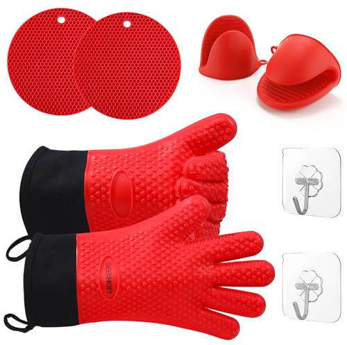 GEEKHOM Silicone Oven Gloves Set, Heat Resistant Oven Mitts and Pot Holders with Sticky Hook Waterproof Non-Slip Kitchen Gloves with Fingers for Cooking Baking Barbecue Grilling Microwave, Red