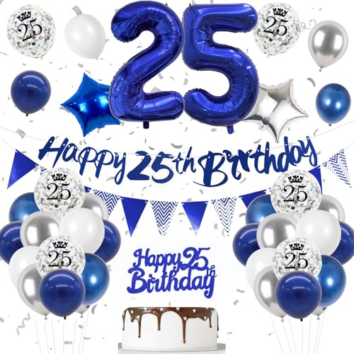25. Geburtstag Deko Nacht Blau, Luftballon Deko 25. Geburtstag Frau Mann, Geburtstagsdeko 25 Jahr, Blau Folienballon 25, Blaus Silber Luftballons 25 Jahr mit Banner Topper für Party Dekoration