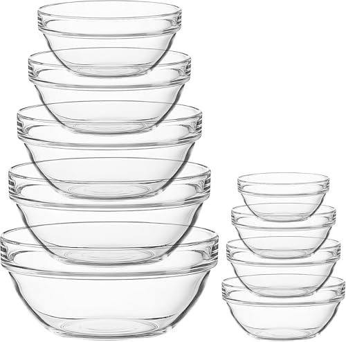 Xaztr 9Pcs Glass Mixing Bowls, Clear Salad Bowl Glass Prep Stackable Nesting Bowls for Kitchen Dessert Salad Dips Cereal Ice Cream Fruits Nut