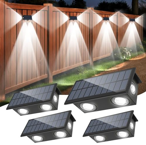 NATPOW Solar Fence Lights, Cool White Solar Wall Lights 4Pack Outdoor Garden Fence, Solar Powered Garden Fence Lighting for Ornaments Outdoor, Step, Yard Decoration