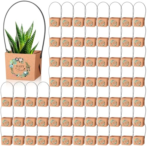 Aliceset 100 Pcs Baby in Bloom Succulent Wrap Bulk Succulent Gift Wrap Bag with Plastic Handle Kraft Paper Gift Box Basket Baby Shower Wedding Party Favor Not Include Plant Pot, 2.2 x 2.2 x 2.1 Inch