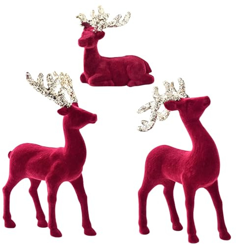 Nuyhgtr Weihnachts-Rentier – 3-teiliges Weihnachts-Hirsch für den Außenbereich – Statue rot beflockt Ornament für Zuhause, Hof, Party, Kaminsims, Innenbereich, Rasen