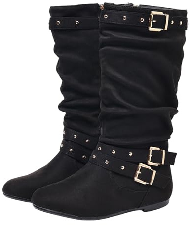 Stivali In Camoscio Da Donna Slouchy Al Polpaccio Medio Retrò Con Arricciature Punta Tonda Tacco Basso E Piatto Con Cerniera Laterale Scarpe Per Tutte Le Stagioni Per Lavoro Appuntamenti E Viaggi