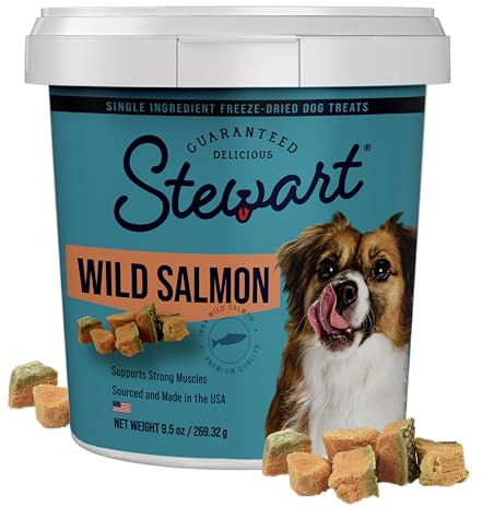 Stewart 100% Wild Salmon Dog Treats, 9.5 oz Tub, ~190 Pieces, Freeze Dried Raw, Single Ingredient, 65% Protein Training Treats or Meal Topper, Grain Free, Gluten Free