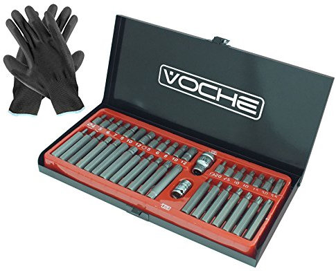 Voche® 40PC Torx Star Spline Hex Socket Bit Set 3/8 & 1/2 Drive + Pair of Work Gloves