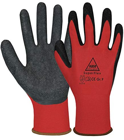 10 Paar Hase Superflex Arbeitshandschuhe mit Latexbeschichtung, Rutschfeste Gartenhandschuhe, Angenehmer, Ideal für Handwerk, Gartenarbeiten, Industrie Rot Gr. XXL (11)