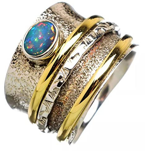 Äthiopischer Opal Spinner Ring, Drei-Band-Ring, Angst Ring, strukturierter Sterling Silberring, Statement Ring