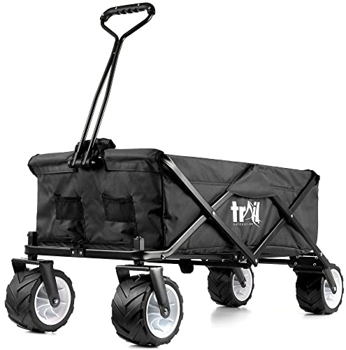 Trail Folding Beach Trolley with All-Terrain Wheels, 60kg Max Load, Black | Heavy-Duty Steel Frame, 600D Polyester Liner, Adjustable Handle, 2 Mesh Pockets, Storage Cover, Ideal for Camping & Festivals