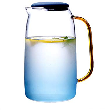 Glaskanne mit Deckel, Glaskanne für Kühlschrank Wasserkrug Glaskaraffe für Wasser, Saft, Tee, Kaffee, Heißgetränk mit Goldgriff - Borosilikatglas Material 1,5 Liter, Blau