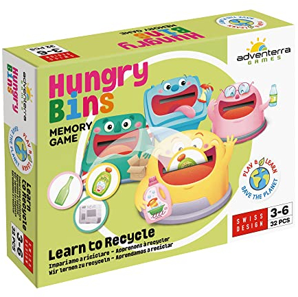 Adventerra Games, Memory Hungry Bins Wir Lernen zu recyceln, Memory ab 3 Jahre, Montessori-Lernspiele, Ökologische Spiele