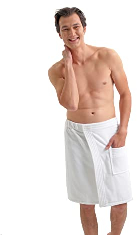 J-SOFT Wickeltuch mit Haken und Schlaufe für Herren, aus 100 % Bio-Baumwolle, für Sauna, Dusche, Spa, mit verstellbarem Verschluss (weiß)