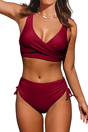 Beachsissi Damen Hoch taillierte Badeanzüge Criss Cross Drawstring Side Bikini Sets Lace Up 2 Stück Badeanzüge, Wein, XL