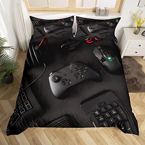 Loussiesd Gaming Bedding Set for Boys Kids Gamer Video Games Duvet Cover Modern Game Controller Comforter Cover Teens Game Console Bedspread Cover, Soft, Zipper Closure, Black Single Size
