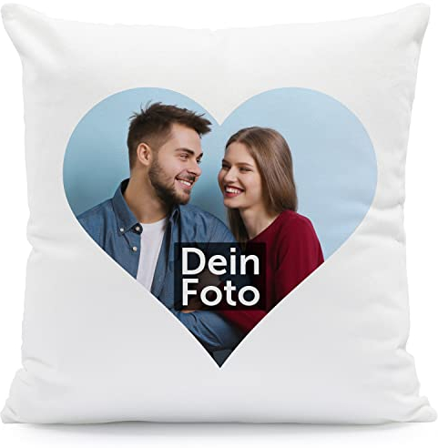 GRAVURZEILE Bedrucktes Kissen zum selbst Gestalten - mit eigenem Foto und Text - Persönliches Geschenk für Sie & Ihn - 100% Polyester - 40 x 40 cm - Farbe: Herz - mit Füllung