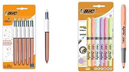 BIC 4 Couleurs Rose Gold Stylo-Bille Rétractable Pointe Moyenne (1,0 mm) Blister de 5 & Highlighter Grip Surligneurs (Pointe Biseautée/Parfait pour l'Ecole et au Bureau/Ne Sèche Pas) - Blister de 6