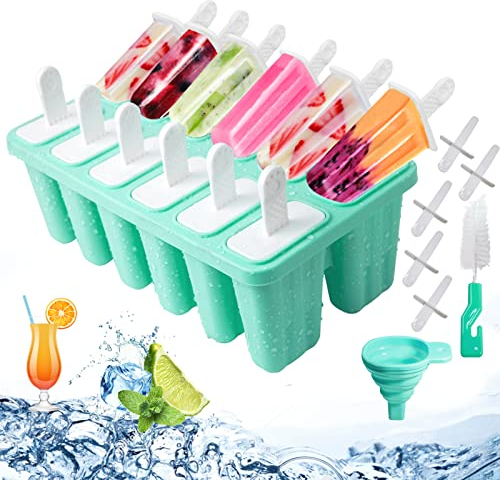 Eisformen Silikon, 12 Hohlräume Eis Am Stiel Formen, Antihaftend DIY Amüsant Eis Form, Eis Am Stiel Formen Mit Silikontrichter Und Reinigungsbürste, BPA-Freie, Grün
