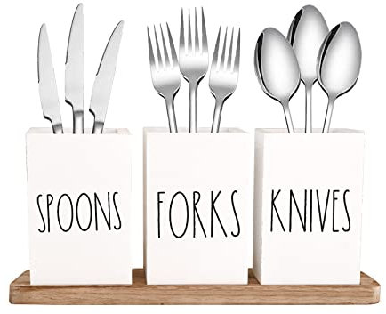 CHONIC Farmhouse Silverware Holder, Rustic Wood Silverware Caddy with Tray, Spoon Fork Knives Flatware Dispenser, Utensil Countertop Organizer, Plastic Cutlery Holder for Kitchen Party (White)
