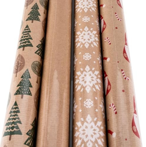 4er Set Geschenkpapier 70x200cm Natur Braun Advent Weihnachten Kraftpapier XMAS Sterne Weihnachtsbaum