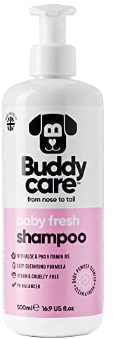 Babyfrisch Hundeshampoo von Buddycare - Shampoo für müffelige Hunde ab 8 Wochen - Baby-Puder-duftendes Welpen-Shampoo mit Aloe Vera und Provitamin B5 (500ml)