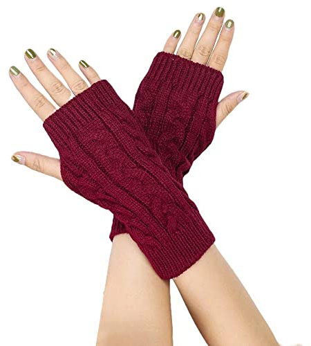 FGFD&OU Fingerlose Handschuhe für Damen Gestrickte Halb Fingerhandschuhe Kurzer Strickhandschuhe Fäustlinge Handwärmer Handgelenkwärmer Armstulpen Handstulpen Pulswärmer (1Paar-Weinrot)