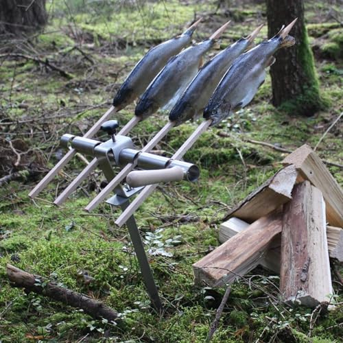 Premium Steckerlfisch Halter für Lagerfeuer - Platz für 4 Fische - Fisch Grill Spießhalter für offene Feuerstellen - stufenlos verstellbar - traditionelle Buchenholz Spieße - Asado Grill